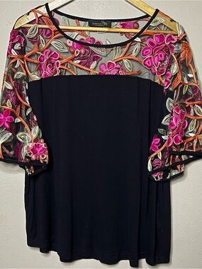 Suzanne Betro Floral Lace Sleeve Dolman Top Women 1X Black Fuchsia Embroidery
